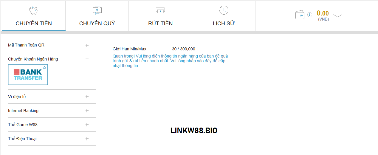 Chuyển tiền W88 bằng ngân hàng