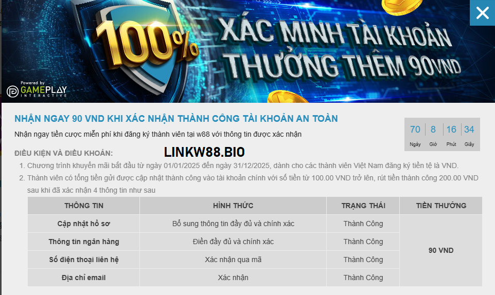 Thưởng khuyến mãi 90K tại W88